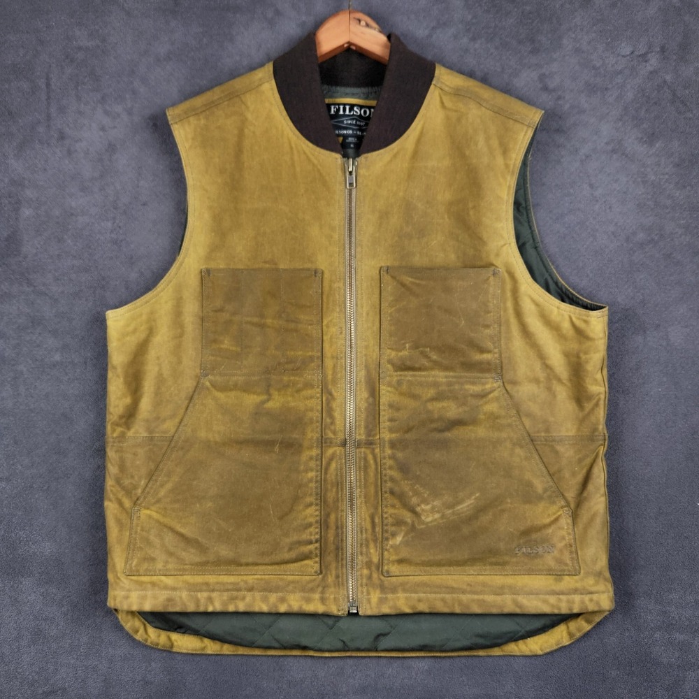 Filson Tin Cloth Insulated Work Vest Mens‎ XL Dark Tan Waxed Canvas PrimaLoft